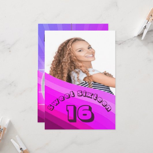 16e Disco Ball Modern Paarse Verjaardag uitnodigin Kaart (Voorkant / Achterkant in situ)