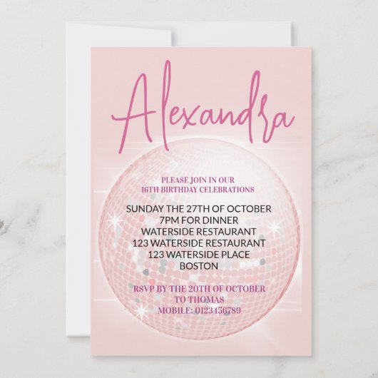 16e Disco Ball Modern Roze Verjaardag uitnodiging (Achterkant)