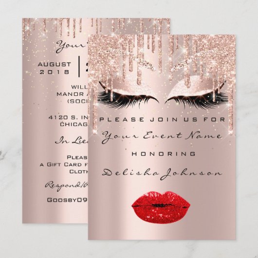 16e druppelaar Glitter Bridal Makeup Red Lips Kaart (Voorkant / Achterkant)