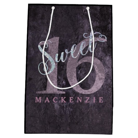 16e Dusty Pink Rose | Sweet 16 zilveren glitter | Medium Cadeauzakje (Achterkant)