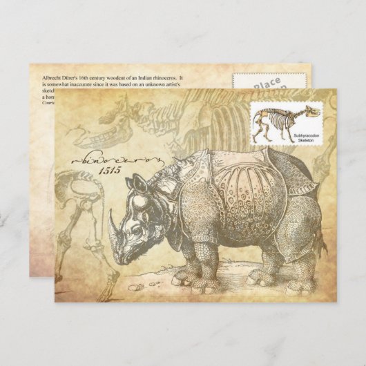 16e eeuw Rhinoceros en skelet Briefkaart (Voorkant / Achterkant)