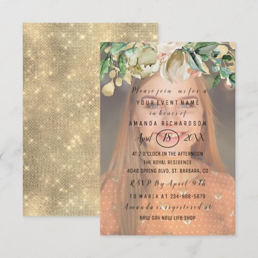 16e foto bloemen Gold Spark Girly Kaart (Voorkant / Achterkant)