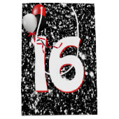 16e geboortedag ballonnen op zwarte glitter medium cadeauzakje (Voorkant)
