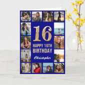16e Happy Birthday Navy Blue & Gold Photo Collage Kaart (Gele Bloem)