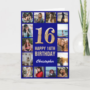 16e Happy Birthday Navy Blue & Gold Photo Collage Kaart