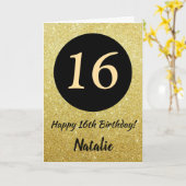 16e Happy Birthday Zwart en Goud Glitter Kaart (Gele Bloem)