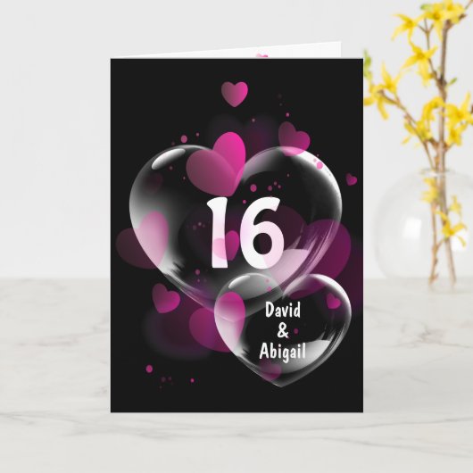 16e Jubileum hartbellen op zwart Kaart (Gele Bloem)