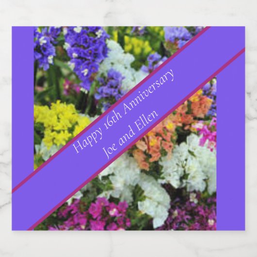 16e Jubileum kleurrijke Statice Sparkling Wijnetiket (Enkel label)