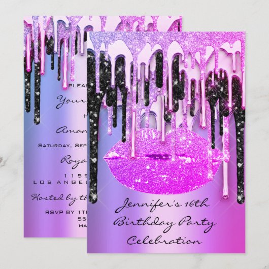 16e lips Kiss Black Pinky Glitter Drips Kaart (Voorkant / Achterkant)