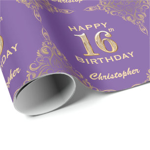 16e Paarse en goudglitter-Lijst op zaterdag Cadeaupapier