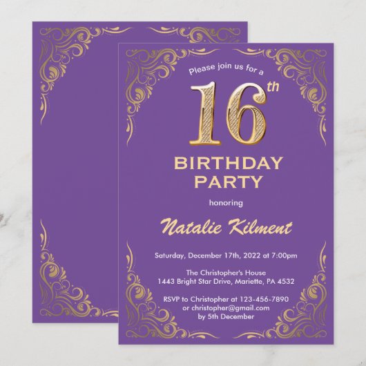 16e Paarse en goudglitter-Lijst op zaterdag Kaart (Voorkant / Achterkant)