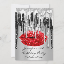 16e Red Lips Kiss zwarte grijze glitterschijven Kaart