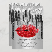 16e Red Lips Kiss zwarte grijze glitterschijven Kaart (Voorkant / Achterkant)