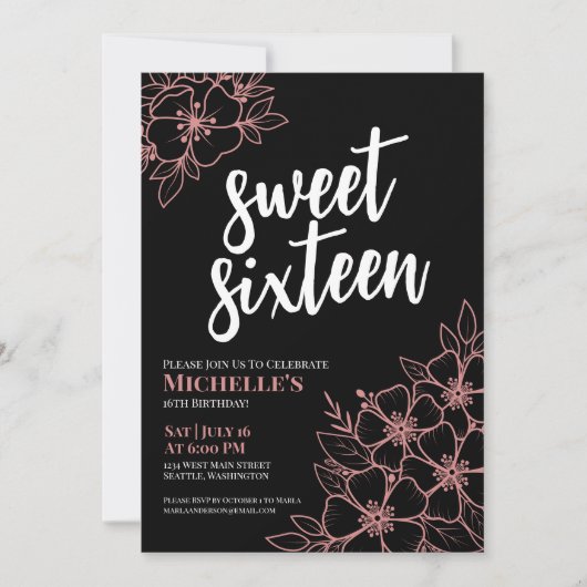 16e Roos Gouden Bloemen Zoet Zestien Verjaardagsfe Kaart (Voorkant)