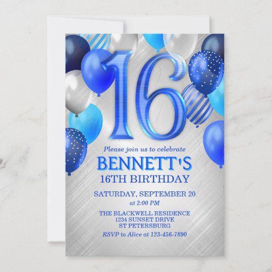 16e Teen Boy Blue Verjaardag Uitnodiging (Voorkant)