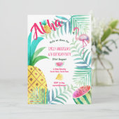 16e Tropische ananas Birthday Invites Flamingo Kaart (Staand voorkant)