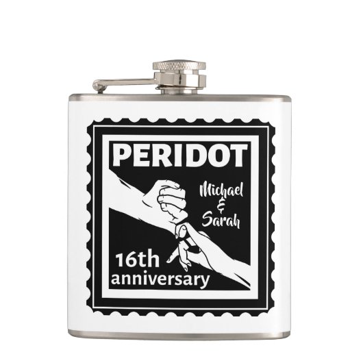 16e trouwdag zwart-witte handen heupfles (Voorkant)