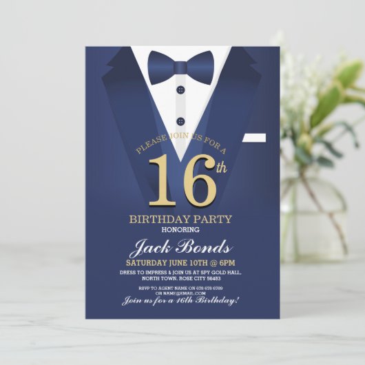 16e Tuxedo Zwart Stropdas Verjaardagsfeestje Navy Kaart (Staand voorkant)