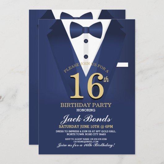 16e Tuxedo Zwart Stropdas Verjaardagsfeestje Navy Kaart (Voorkant / Achterkant)