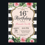 16e uitnodiging van de verjaardag. Floral Pink Gol<br><div class="desc">16e verjaardag Uitnodiging voor tieners,  dame. Sweet Sixteen. Zwarte en gouden feestdag uitnodiging. Gold Glitter. Roze Waterverf bloem. Zwarte en witte strepen. Afdrukbaar digitaal. Voor verdere aanpassing,  te klikken gelieve de knoop "van de Aanpassing het"en ons ontwerphulpmiddel te gebruiken om deze sjabloon te wijzigen.</div>