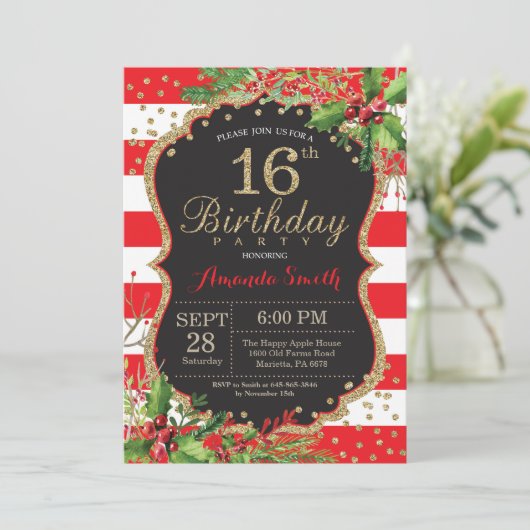16e uitnodiging van de verjaardag. Kerstrood zwart (Staand voorkant)