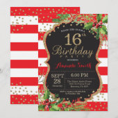 16e uitnodiging van de verjaardag. Kerstrood zwart (Voorkant / Achterkant)