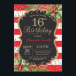 16e uitnodiging van de verjaardag. Kerstrood zwart<br><div class="desc">16e verjaardag Uitnodiging voor meisje. Kerstfeest op uitnodiging. Kerstbloem. Sweet 16. Zwart,  rood en goudglitter. Rode en witte strepen. Afdrukbaar digitaal. Voor verdere aanpassing,  te klikken gelieve de knoop "van de Aanpassing het"en ons ontwerphulpmiddel te gebruiken om deze sjabloon te wijzigen.</div>