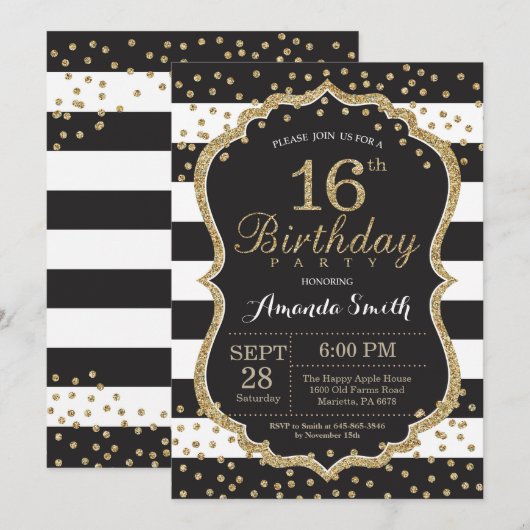 16e uitnodiging van de verjaardag. Zwart en goudgl (Voorkant / Achterkant)