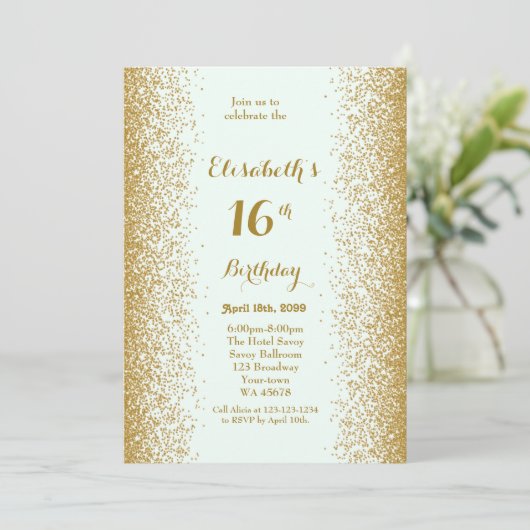 16e verjaardag 16e, Glitter, wit goud Kaart (Staand voorkant)