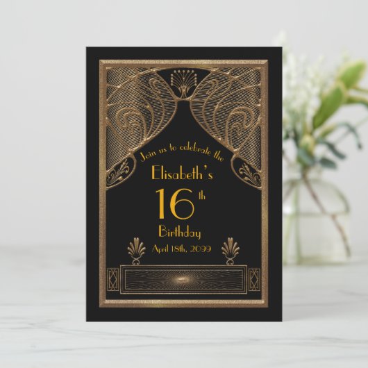 16e verjaardag, 16e verjaardag, Art Deco, zwart go Kaart (Staand voorkant)