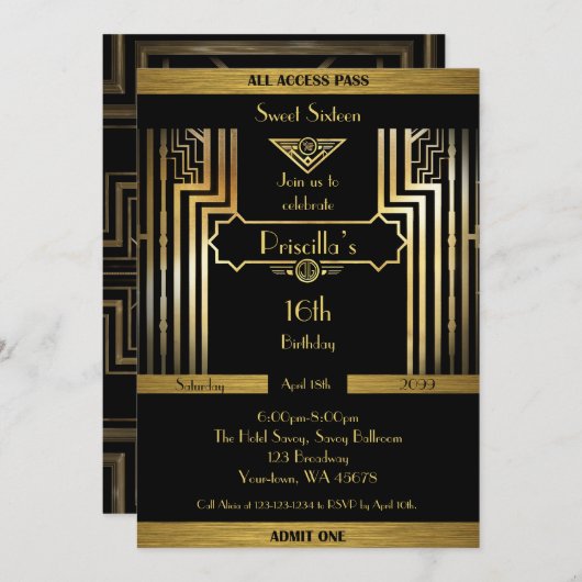 16e verjaardag, 16e verjaardag, Gatsby, zwart en g Kaart (Voorkant / Achterkant)