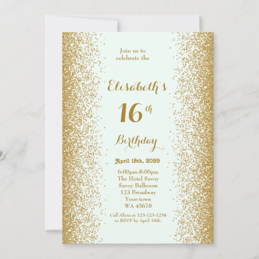 16e verjaardag, 16e verjaardag, glitter, wit goud kaart (Voorkant)