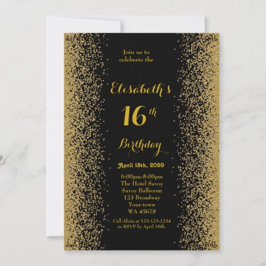 16e verjaardag, 16e verjaardag, glitter, zwart gou kaart (Voorkant)