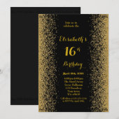 16e verjaardag, 16e verjaardag, glitter, zwart gou kaart (Voorkant / Achterkant)