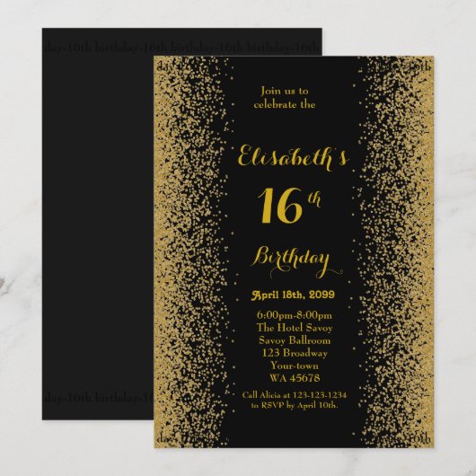 16e verjaardag, 16e verjaardag, glitter, zwart gou kaart (Voorkant / Achterkant)