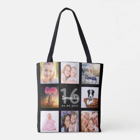 16e verjaardag aangepaste foto collage meisje zwar tote bag (Achterkant)