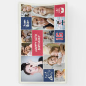 16e verjaardag aangepaste foto collage rood blauw spandoek (Verticaal)
