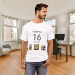 16e verjaardag aangepaste foto-monogram t-shirt<br><div class="desc">Voor een 16e verjaardag als cadeau of voor het feest. Een collage van 3 van je foto's van zichzelf,  vrienden,  familie,  interesse of huisdieren. Personaliseer en voeg zijn naam,  leeftijd 16 en een datum toe. Geboortedatum of de datum van het verjaardagsfeest. Grijze en zwart gekleurde tekst.</div>