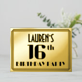 16e verjaardag: Art Deco Kijk "16" en naam Folie Uitnodiging (Staand Voorkant)