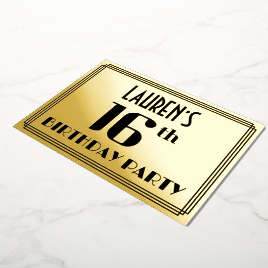 16e verjaardag: Art Deco Kijk "16" en naam Folie Uitnodiging (Gedraaid)