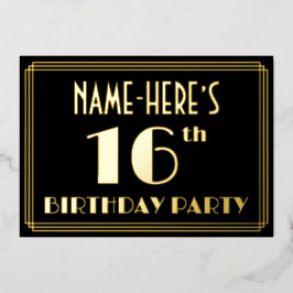 16e verjaardag: Art Deco Kijk "16", met naam Folie Uitnodiging