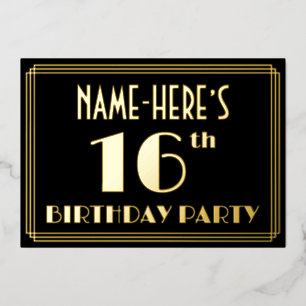 16e verjaardag: Art Deco Kijk "16", met naam Folie Uitnodiging