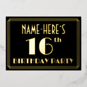 16e verjaardag: Art Deco Kijk "16", met naam Folie Uitnodiging (Voorkant)