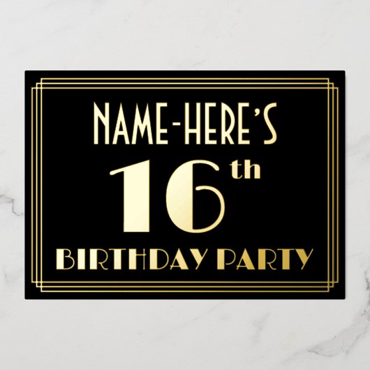 16e verjaardag: Art Deco Kijk "16", met naam Folie Uitnodiging (Voorkant)