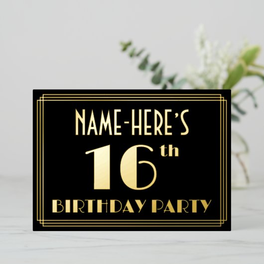 16e verjaardag: Art Deco Kijk "16", met naam Folie Uitnodiging (Staand Voorkant)