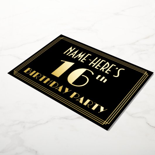 16e verjaardag: Art Deco Kijk "16", met naam Folie Uitnodiging (Gedraaid)