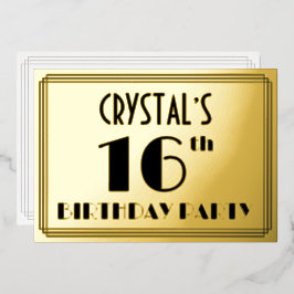 16e verjaardag — Art Deco look "16" + Naam Folie Uitnodiging