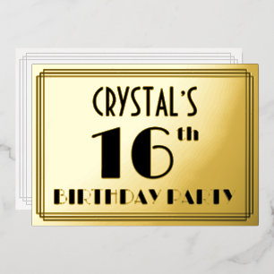 16e verjaardag — Art Deco look "16" + Naam Folie Uitnodiging