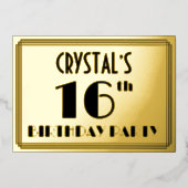 16e verjaardag — Art Deco look "16" + Naam Folie Uitnodiging (Voorkant)