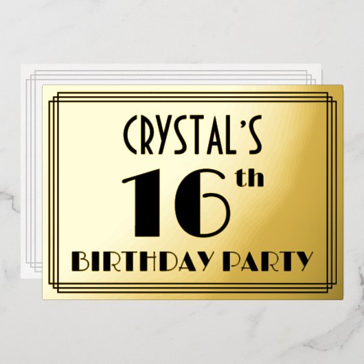 16e verjaardag — Art Deco look "16" + Naam Folie Uitnodiging (Voorkant / Achterkant)
